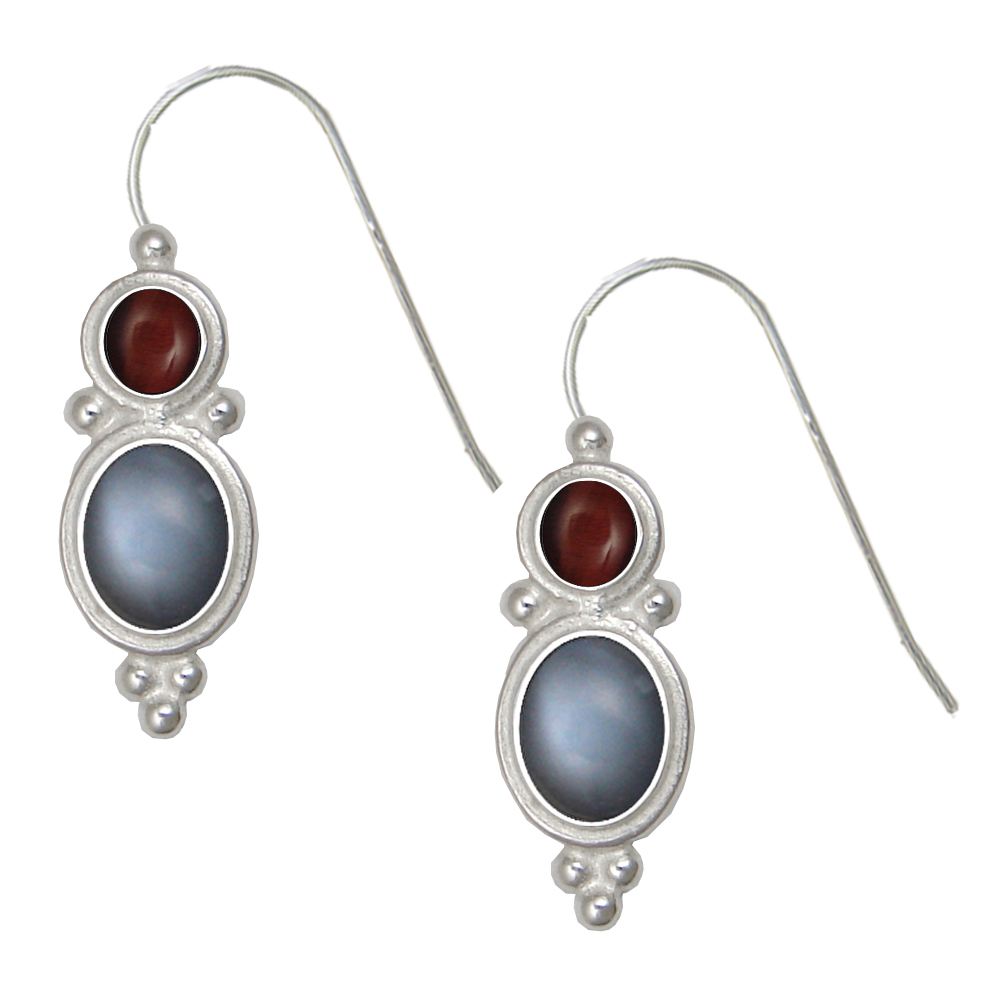 Sterling Silver Drop Dangle Earrings Grey Moonstone And Red Tiger Eye